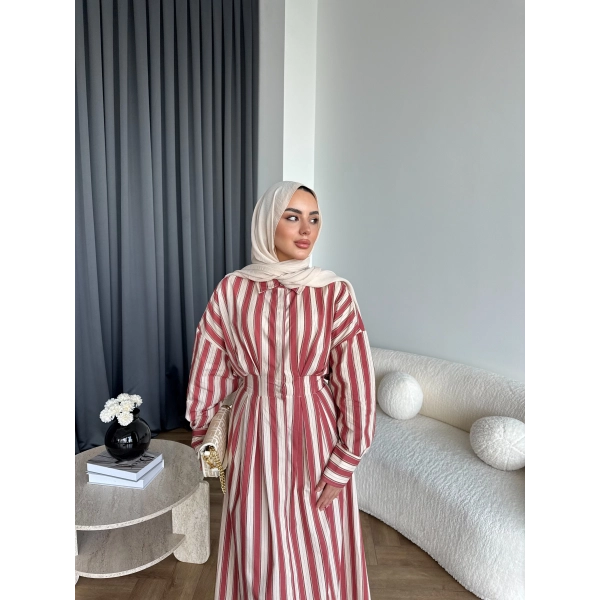 Tb - Heidi Çizgili Gömlek Elbise - Turuncu ÖN SİPARİŞ