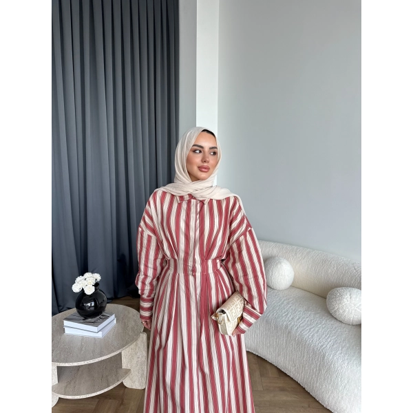 Tb - Heidi Çizgili Gömlek Elbise - Turuncu ÖN SİPARİŞ