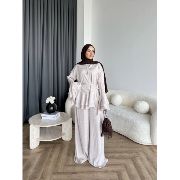 Es - Danlara Saten Kol Fırfırlı Takım - Pudra