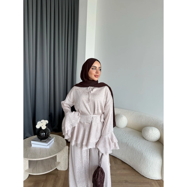 Es - Danlara Saten Kol Fırfırlı Takım - Pudra