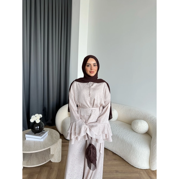 Es - Danlara Saten Kol Fırfırlı Takım - Pudra