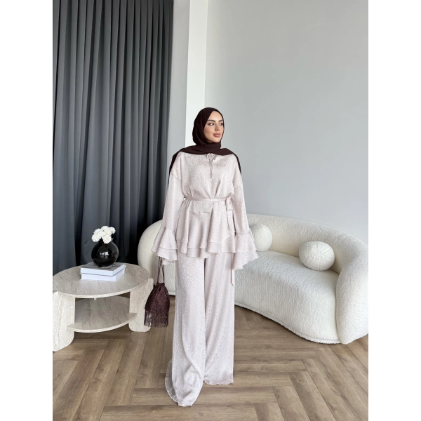 Es - Danlara Saten Kol Fırfırlı Takım - Pudra