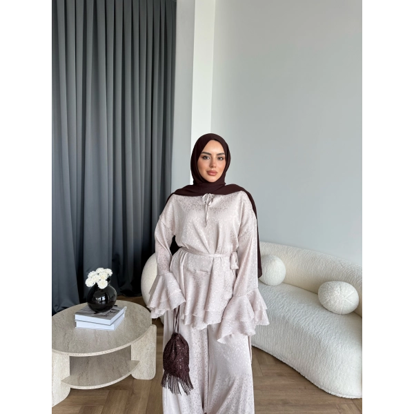 Es - Danlara Saten Kol Fırfırlı Takım - Pudra