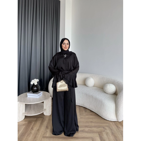 Es - Danlara Saten Kol Fırfırlı Takım - Siyah