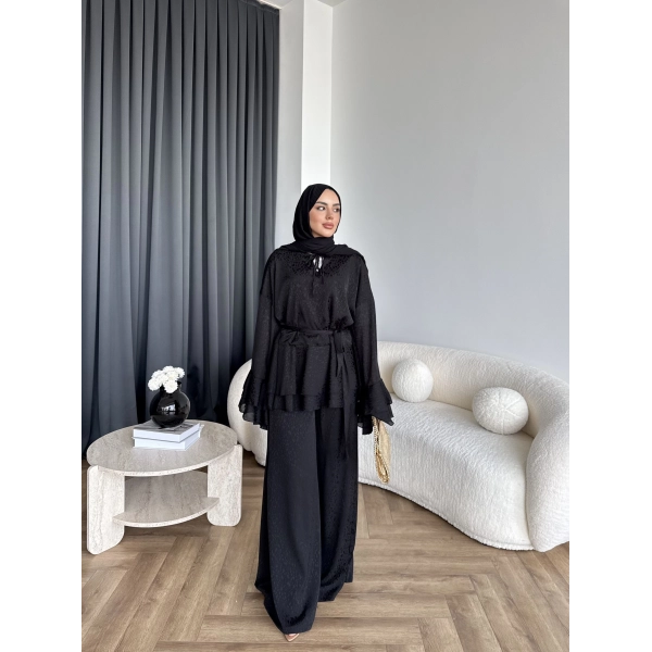 Es - Danlara Saten Kol Fırfırlı Takım - Siyah