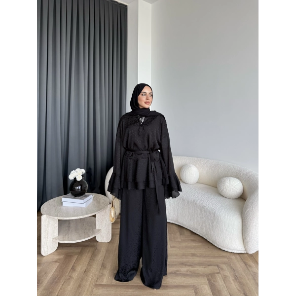 Es - Danlara Saten Kol Fırfırlı Takım - Siyah
