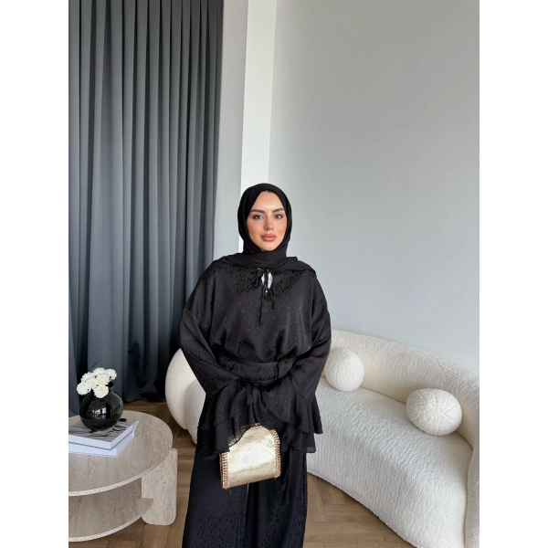 Es - Danlara Saten Kol Fırfırlı Takım - Siyah