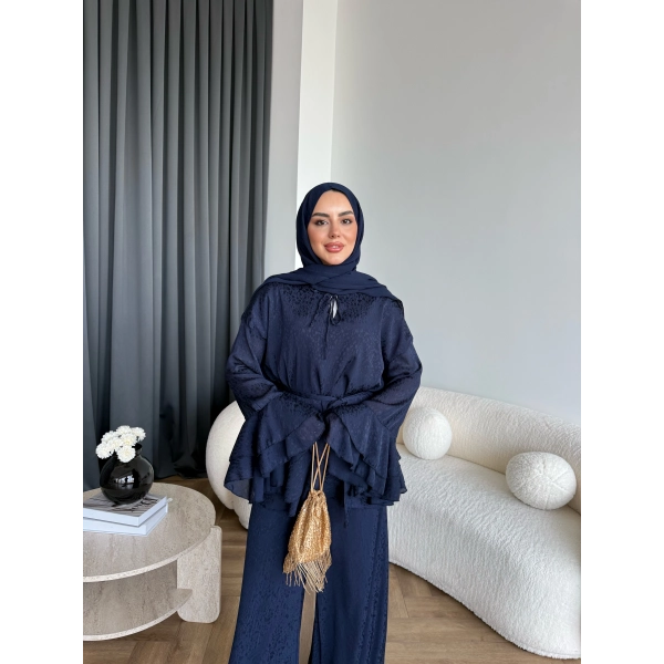 Es - Danlara Saten Kol Fırfırlı Takım - Lacivert