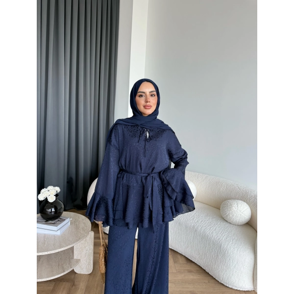 Es - Danlara Saten Kol Fırfırlı Takım - Lacivert