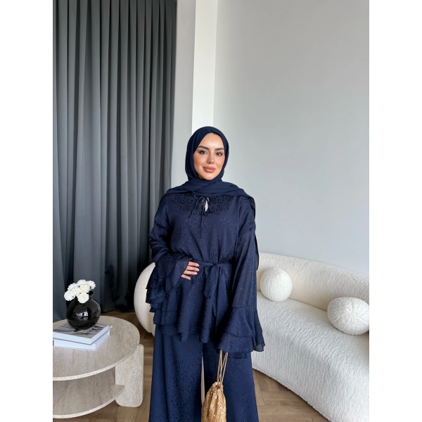 Es - Danlara Saten Kol Fırfırlı Takım - Lacivert