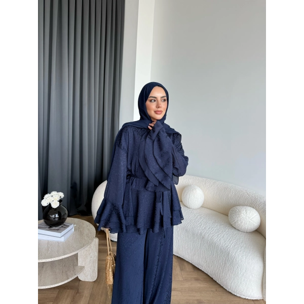 Es - Danlara Saten Kol Fırfırlı Takım - Lacivert