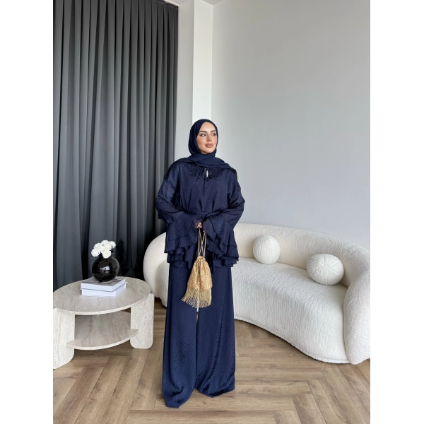 Es - Danlara Saten Kol Fırfırlı Takım - Lacivert