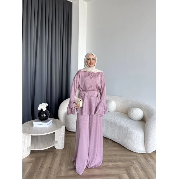 Es - Danlara Saten Kol Fırfırlı Takım - Gül Kurusu