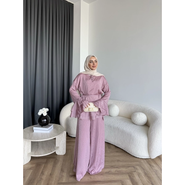 Es - Danlara Saten Kol Fırfırlı Takım - Gül Kurusu