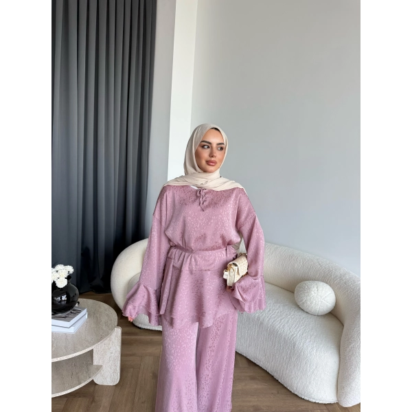 Es - Danlara Saten Kol Fırfırlı Takım - Gül Kurusu