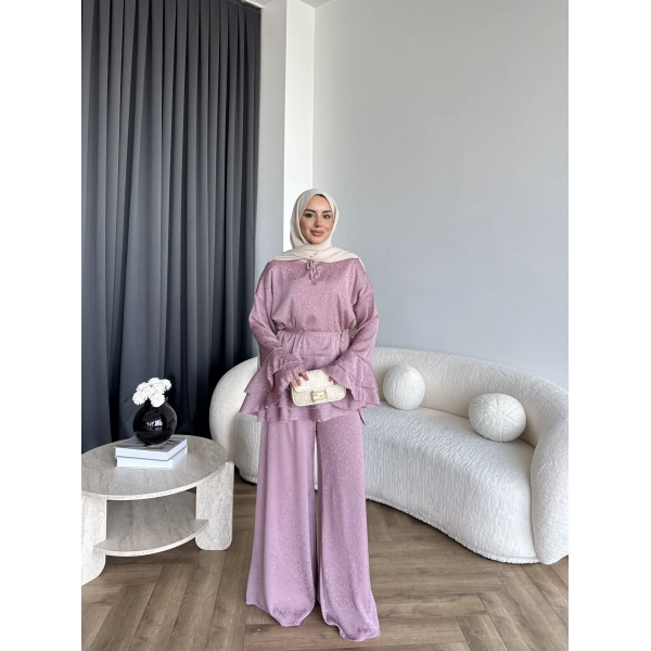 Es - Danlara Saten Kol Fırfırlı Takım - Gül Kurusu