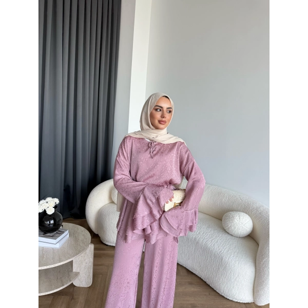 Es - Danlara Saten Kol Fırfırlı Takım - Gül Kurusu