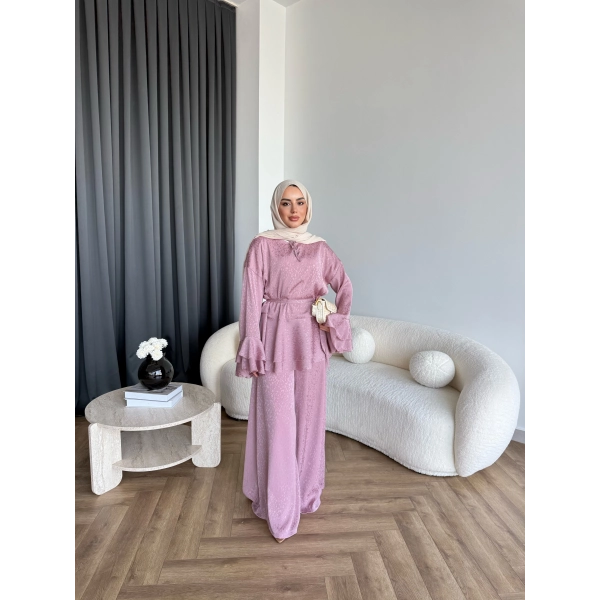 Es - Danlara Saten Kol Fırfırlı Takım - Gül Kurusu