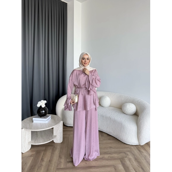 Es - Danlara Saten Kol Fırfırlı Takım - Gül Kurusu