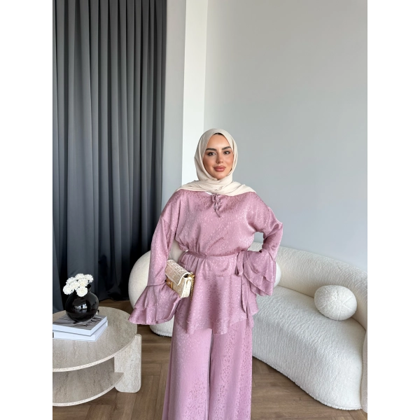 Es - Danlara Saten Kol Fırfırlı Takım - Gül Kurusu