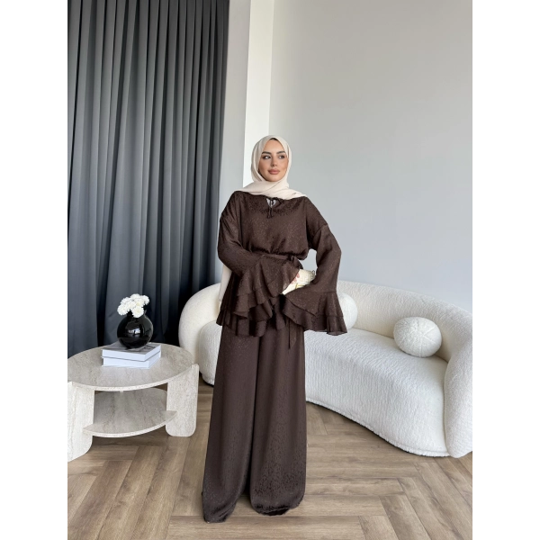 Es - Danlara Saten Kol Fırfırlı Takım - Acı Kahve