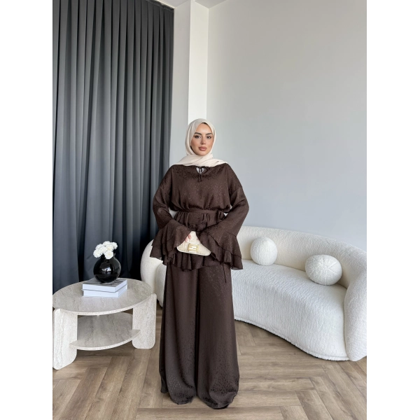 Es - Danlara Saten Kol Fırfırlı Takım - Acı Kahve