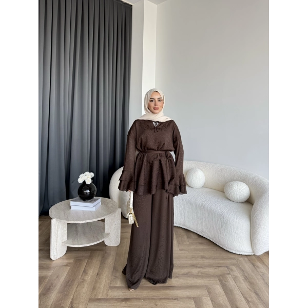 Es - Danlara Saten Kol Fırfırlı Takım - Acı Kahve