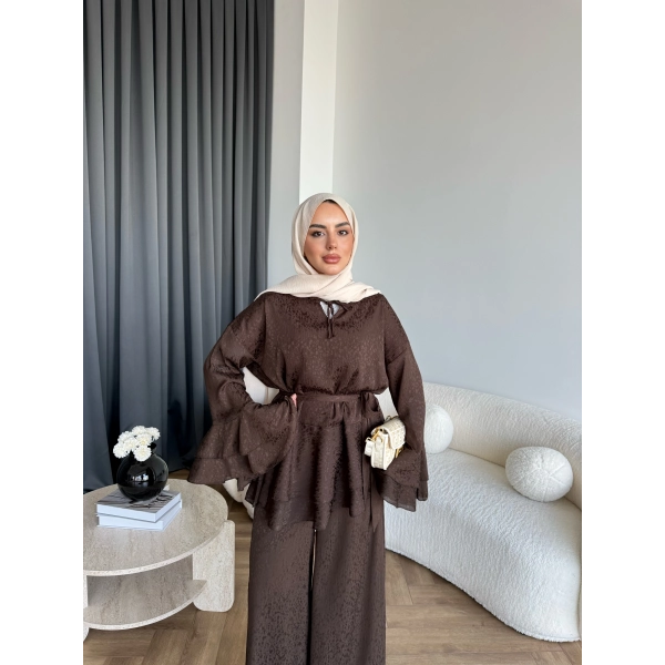 Es - Danlara Saten Kol Fırfırlı Takım - Acı Kahve