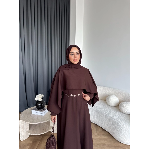 Duq - Ledtan Pelerin Yaka Elbise - Acı Kahve