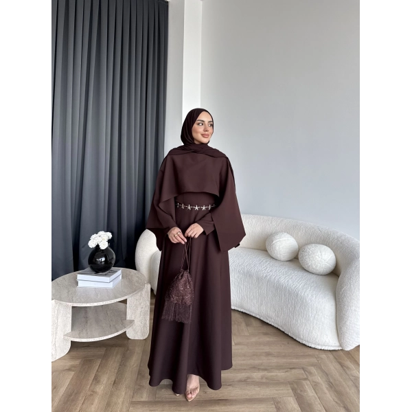 Duq - Ledtan Pelerin Yaka Elbise - Acı Kahve