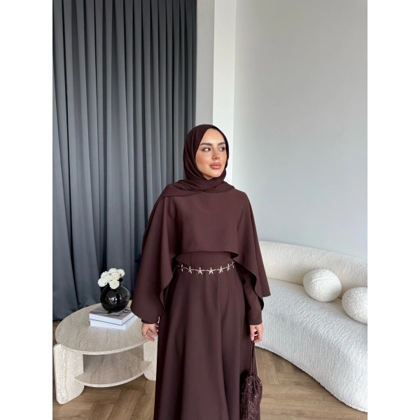 Duq - Ledtan Pelerin Yaka Elbise - Acı Kahve