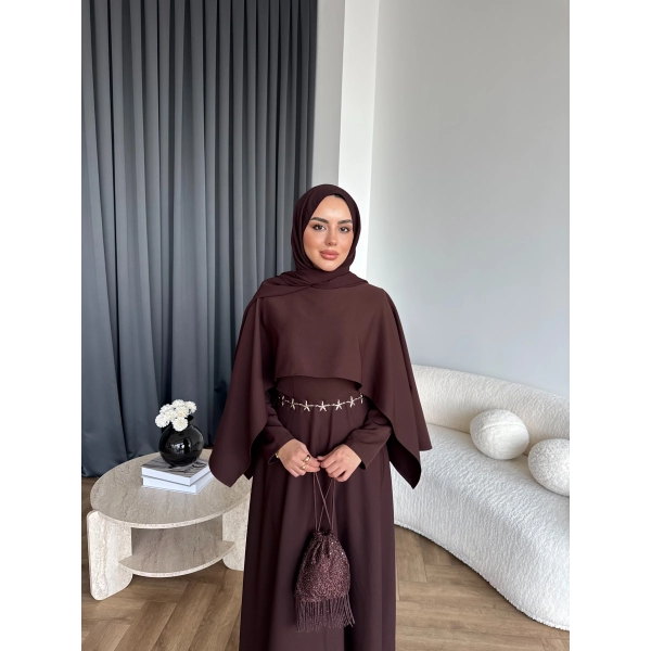 Duq - Ledtan Pelerin Yaka Elbise - Acı Kahve