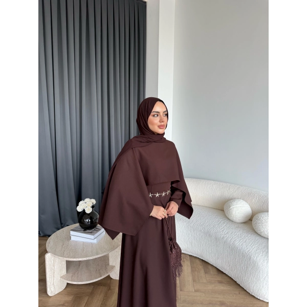 Duq - Ledtan Pelerin Yaka Elbise - Acı Kahve