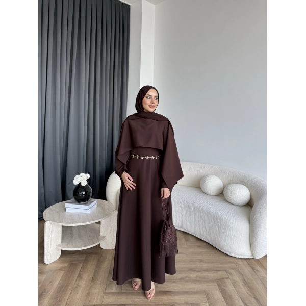 Duq - Ledtan Pelerin Yaka Elbise - Acı Kahve