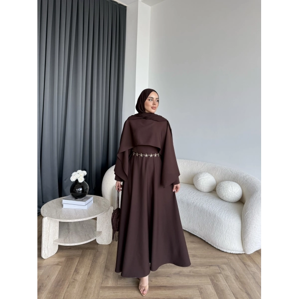 Duq - Ledtan Pelerin Yaka Elbise - Acı Kahve