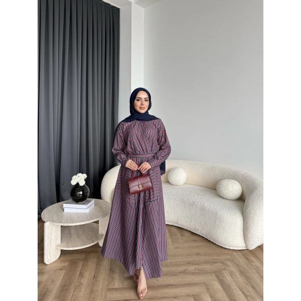 Duq - Nihle Çizgili Elbise - Bordo