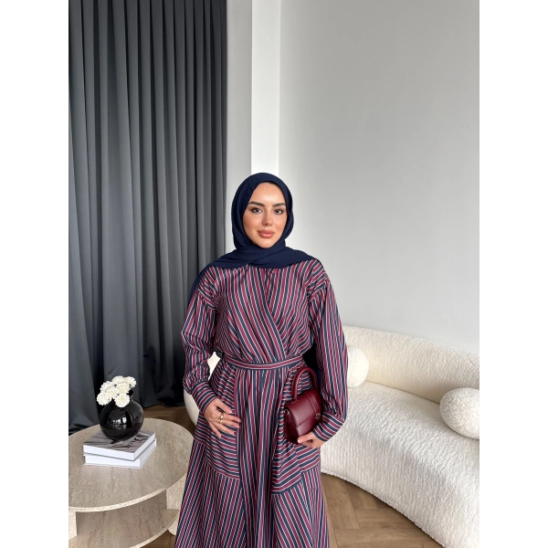 Duq - Nihle Çizgili Elbise - Bordo