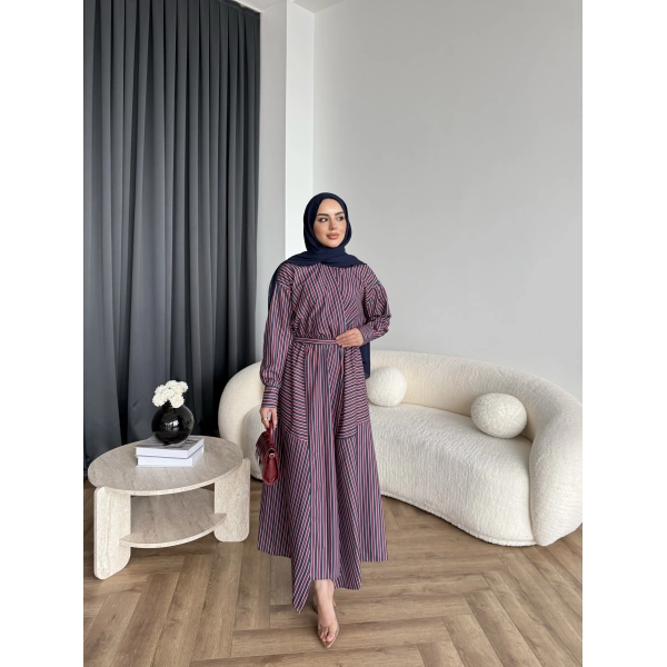 Duq - Nihle Çizgili Elbise - Bordo
