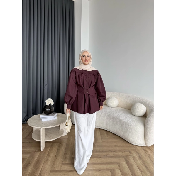 Hen - Mihra Bel Detaylı Gömlek - Bordo - ÖN SİPARİŞ