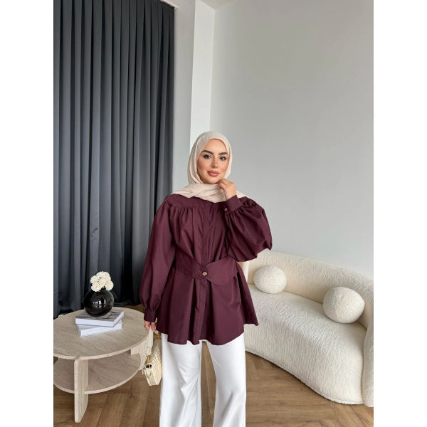 Hen - Mihra Bel Detaylı Gömlek - Bordo - ÖN SİPARİŞ