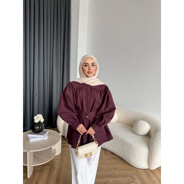 Hen - Mihra Bel Detaylı Gömlek - Bordo - ÖN SİPARİŞ