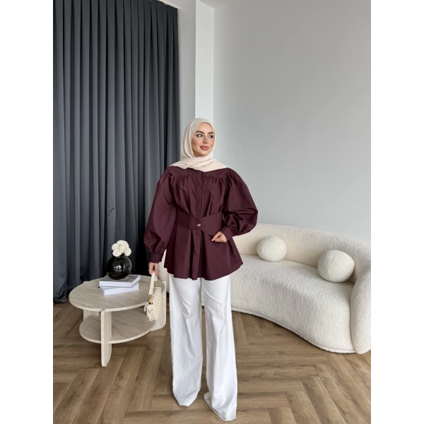Hen - Mihra Bel Detaylı Gömlek - Bordo - ÖN SİPARİŞ