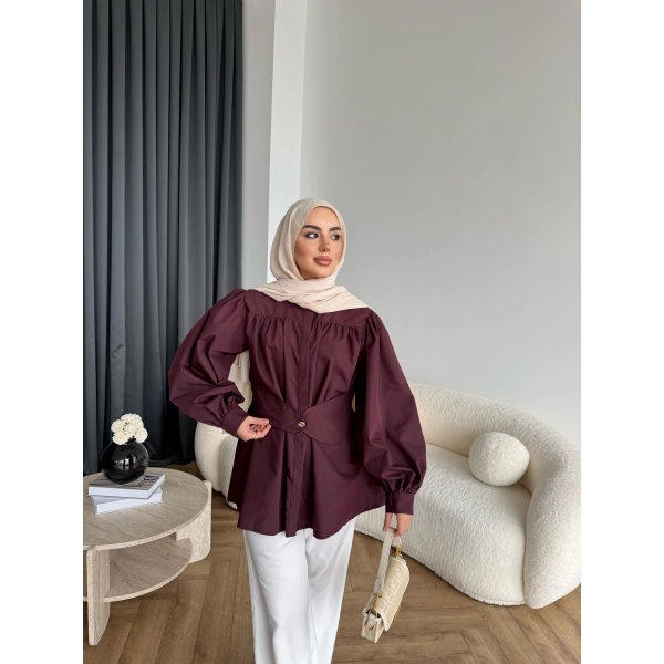 Hen - Mihra Bel Detaylı Gömlek - Bordo - ÖN SİPARİŞ