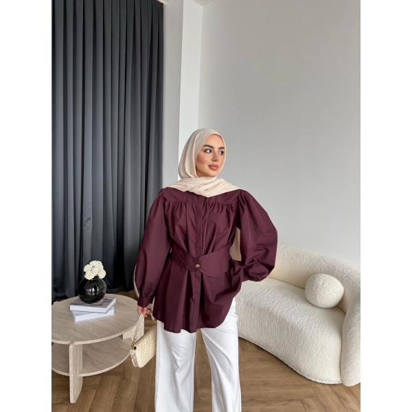 Hen - Mihra Bel Detaylı Gömlek - Bordo - ÖN SİPARİŞ
