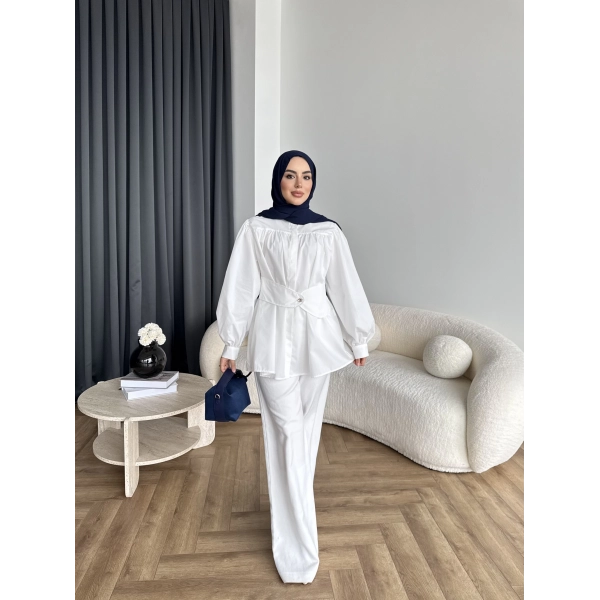 Hen - Mihra Bel Detaylı Gömlek - Beyaz