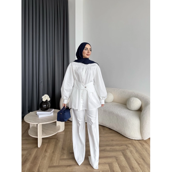 Hen - Mihra Bel Detaylı Gömlek - Beyaz