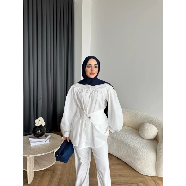 Hen - Mihra Bel Detaylı Gömlek - Beyaz