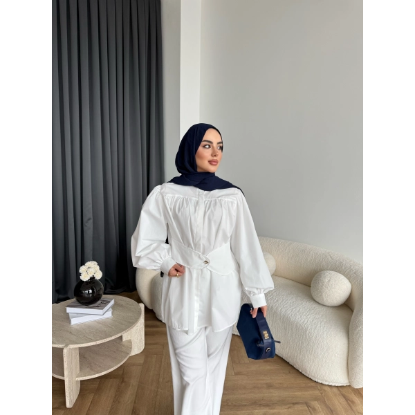 Hen - Mihra Bel Detaylı Gömlek - Beyaz