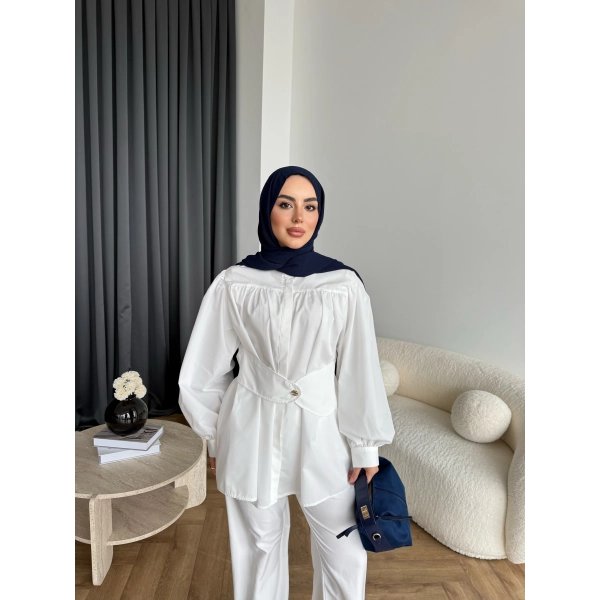 Hen - Mihra Bel Detaylı Gömlek - Beyaz