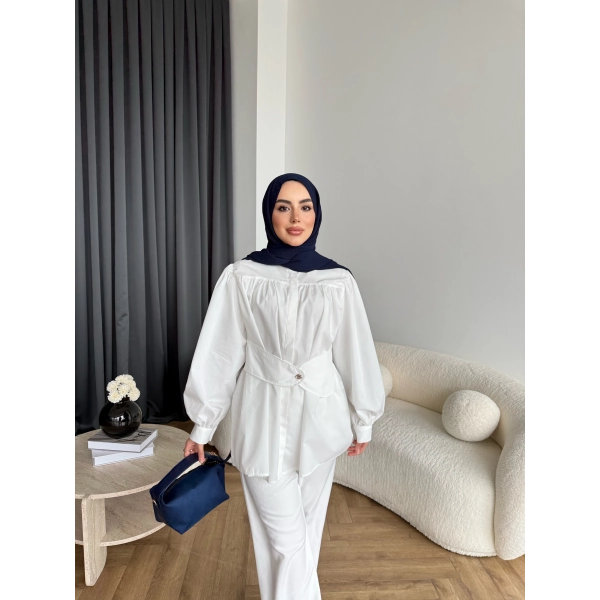 Hen - Mihra Bel Detaylı Gömlek - Beyaz